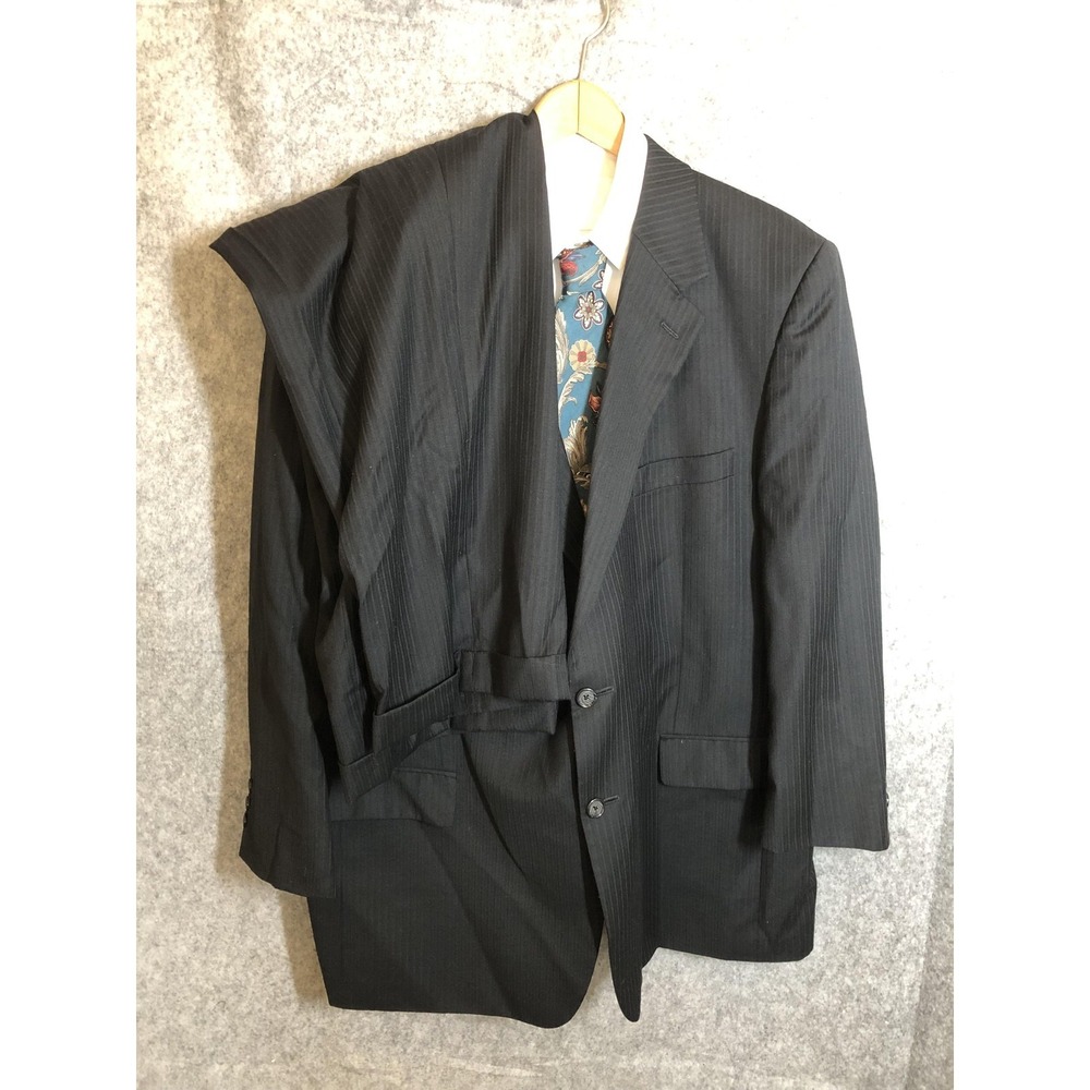 Henry Grethel Design Suit Mens 44R Black Pinstripe 2 Piece 2 Button Pleated
